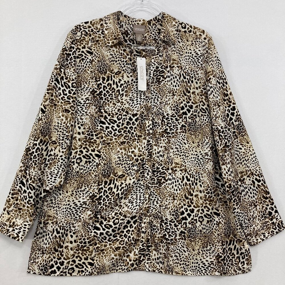 New Chico's Size Large/2 Brown Leopard Print Long Sleeve‎ Button Down Office
